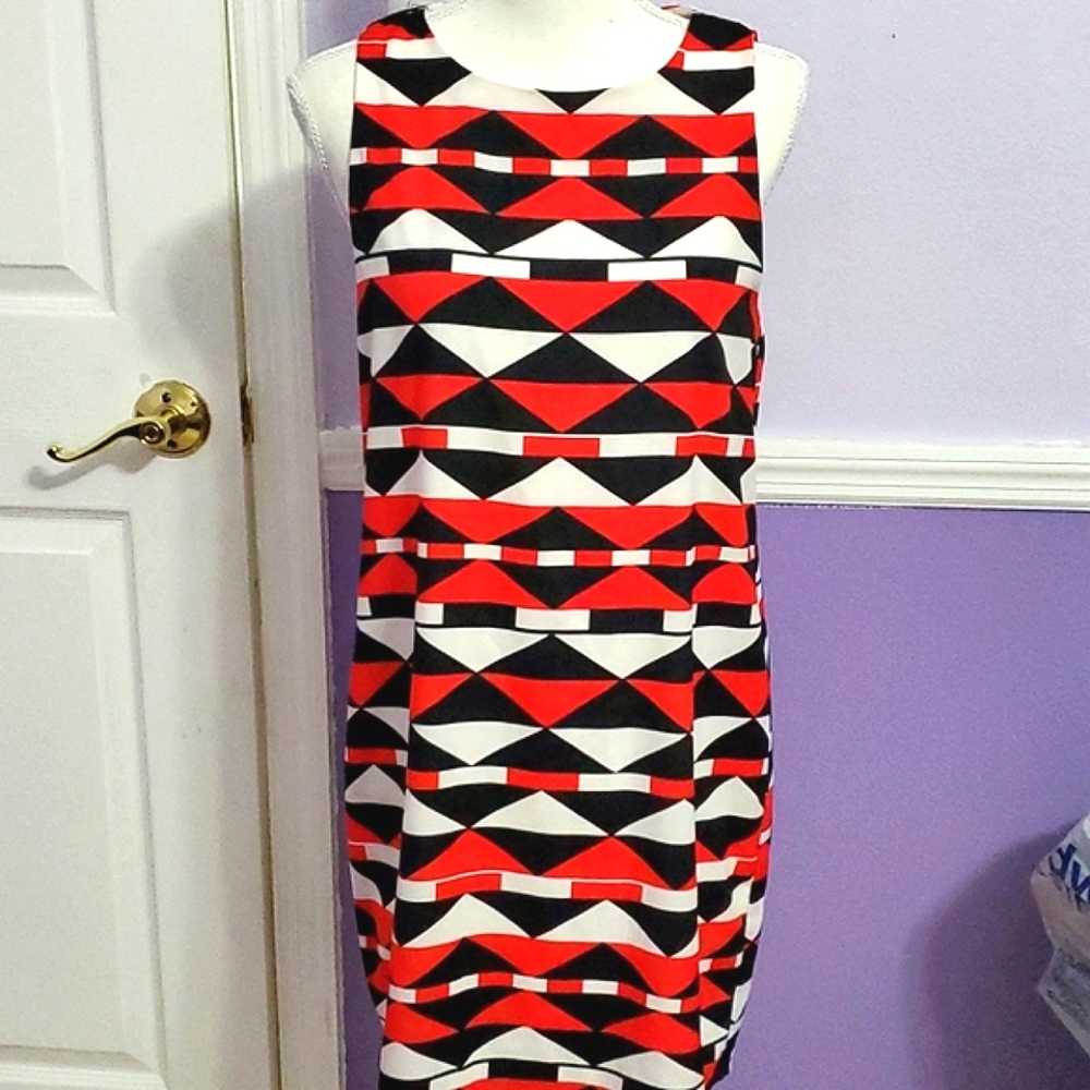 Everly Boho Colorful Aztec Geometric Sleveless Shift Mini Dress Career Office M